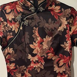 Black Red Floral Midi Womens Dress Size Medium Mandarin Collar Short Sleeve Slit